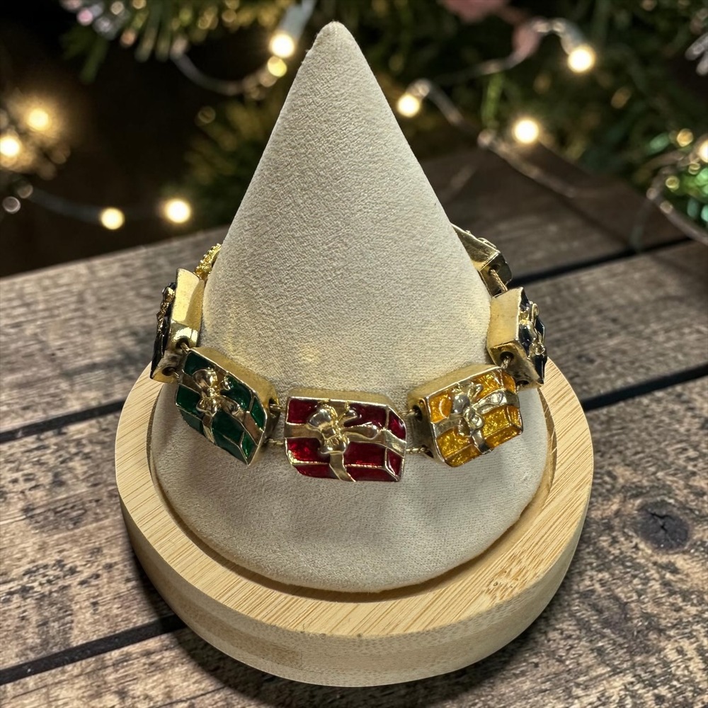 Vintage‎ Christmas Present Bracelet Red Green Blue Enamel Gold Tone Holiday